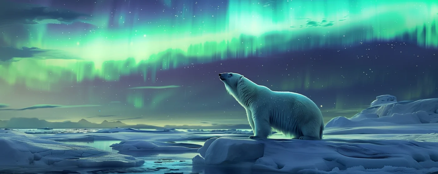 Polar bear in the Arctic tundra under an aurora sky