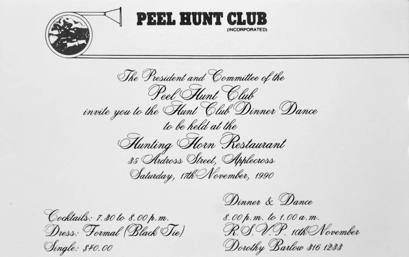 Peter Pickering's invitation to the Peel Hunt Club Ball