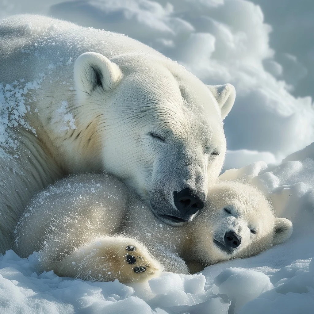 A polar bear with cub sleeping and snuggled close in the snow