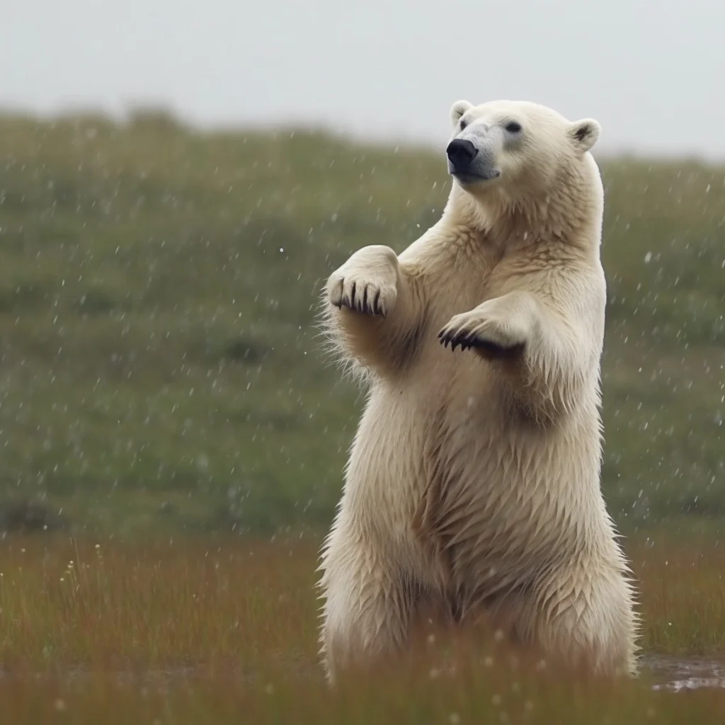A polar bear standing up in the grass