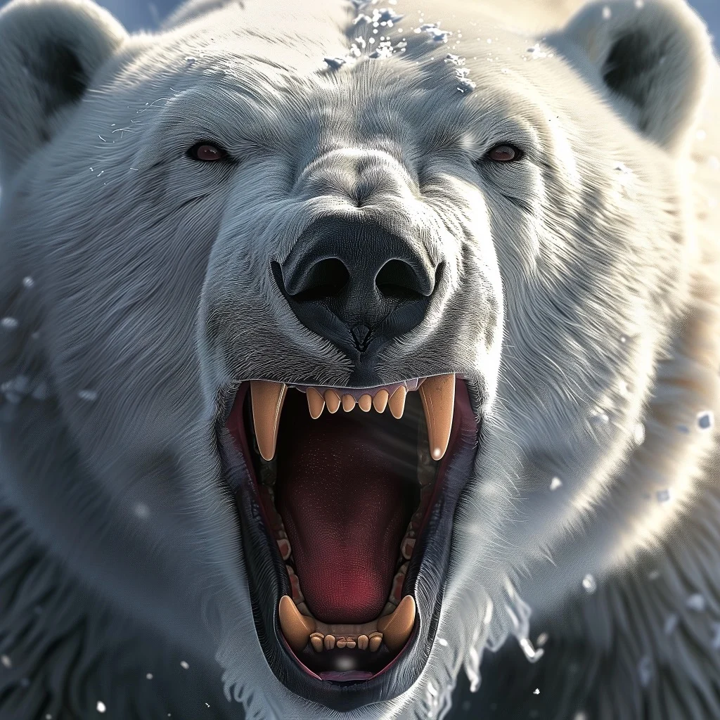 A polar bear roars showing its teeth