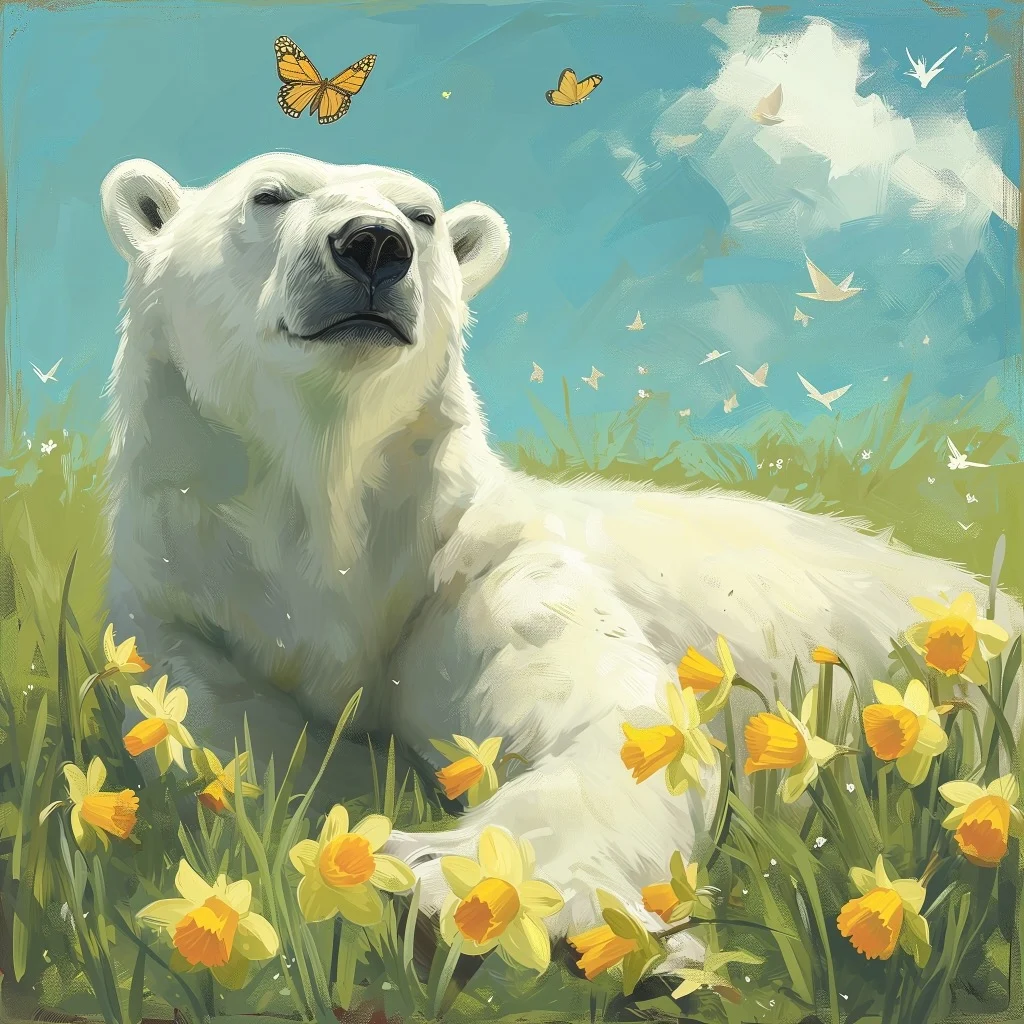 A polar bear is laying down in the grass amongst daffodils