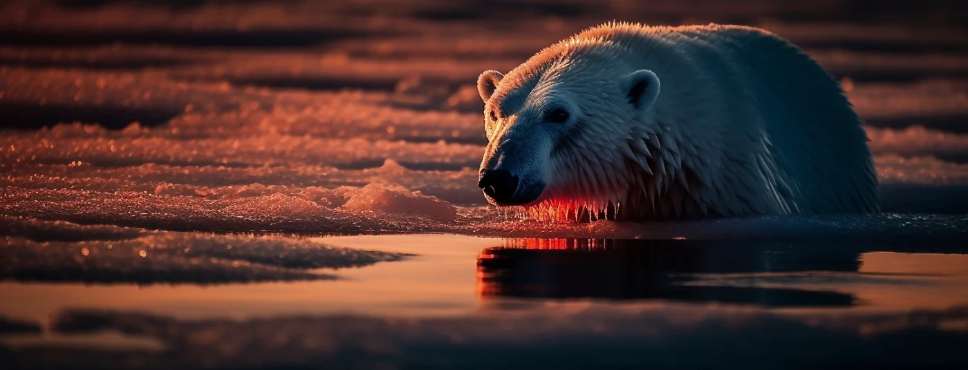 A polar bear coming out of the water on a red sunset evening