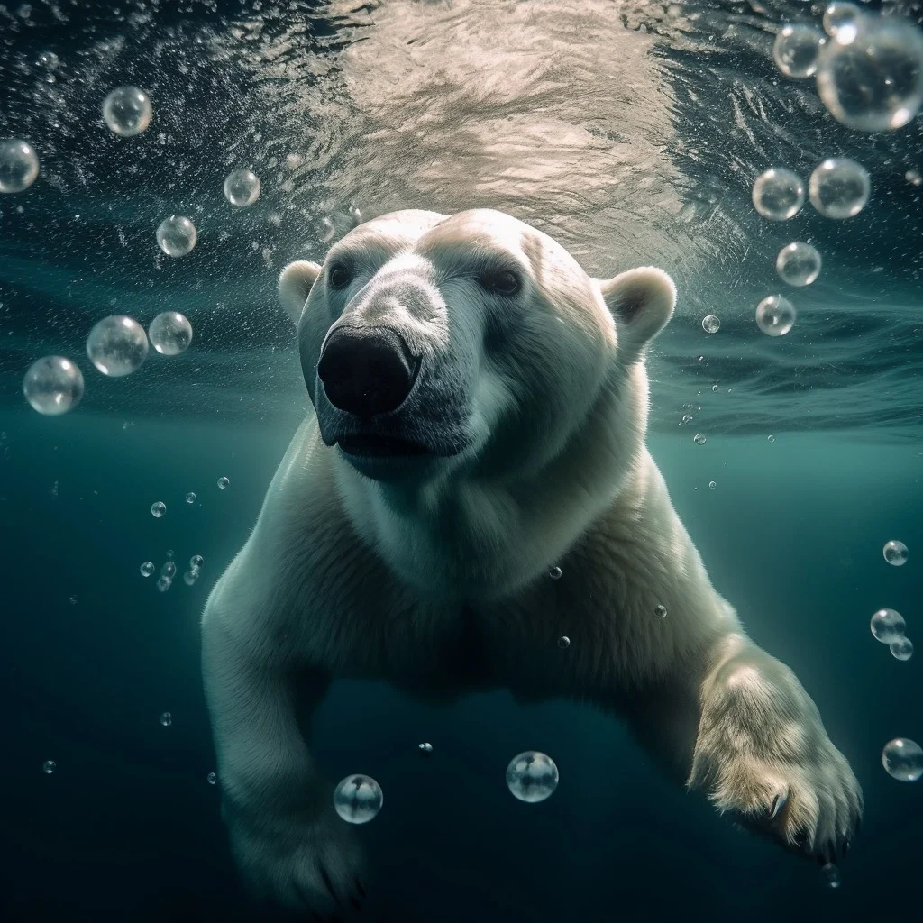 A polar bear swimming under the water