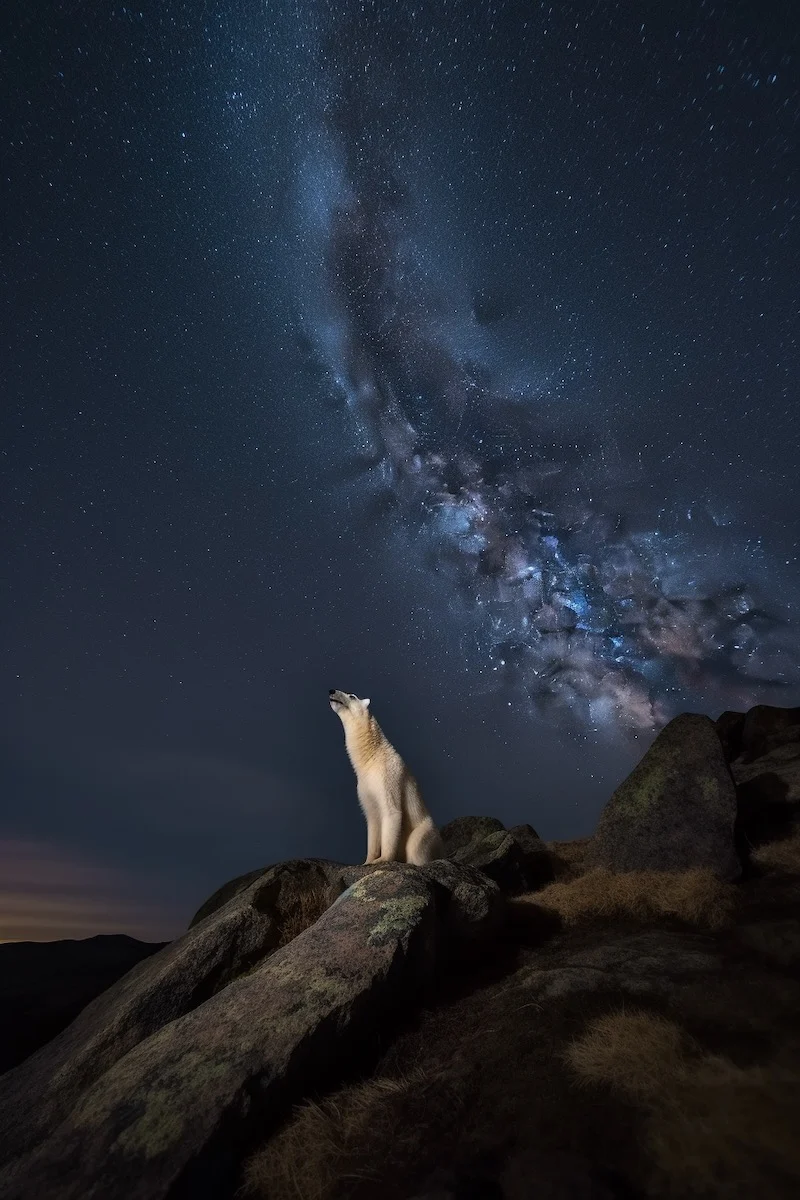 A polar bear standing on a rock night looking to the cosmos.