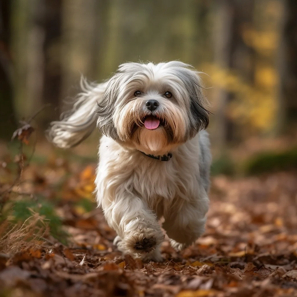 Dinky, a cute Maltese/Shihtzu dog is running through the leaves to owner, Peter Pickering