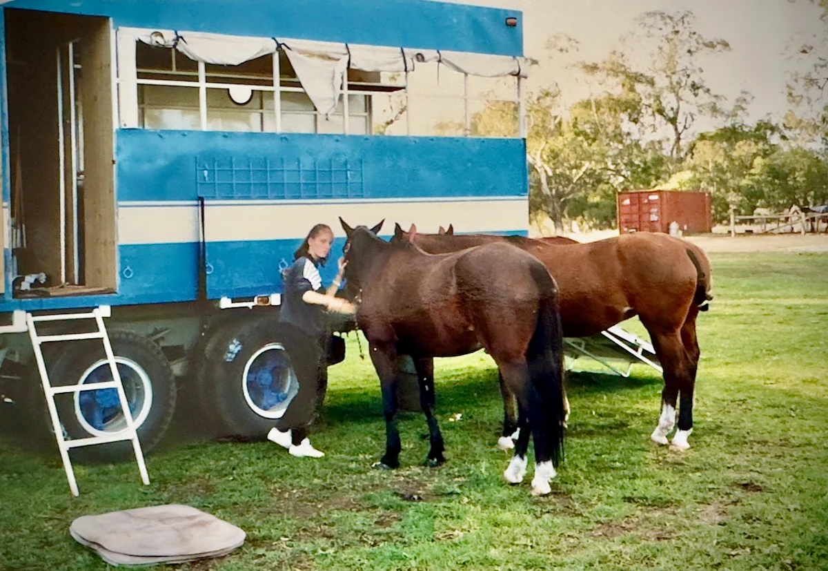 Peter Pickering's polo groom and three of his ponies at King's Meadow, Perth