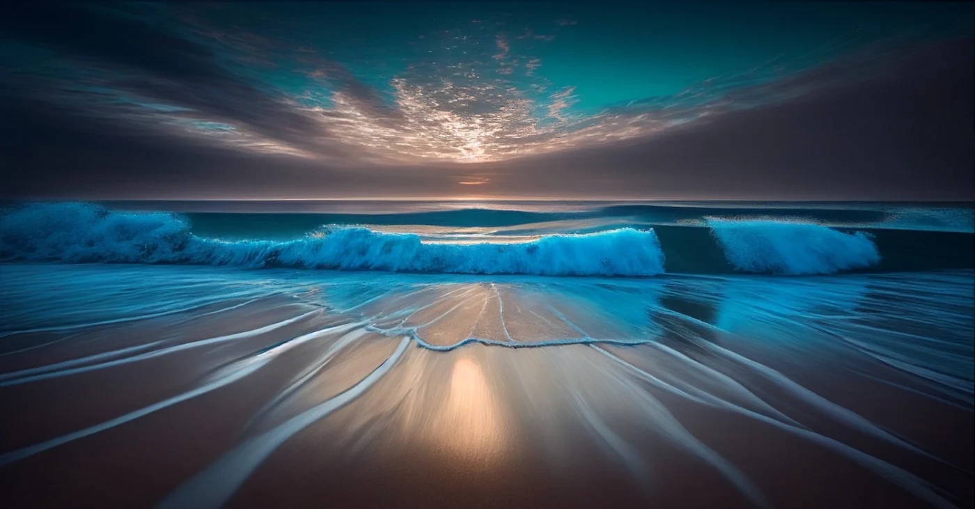 A sunset view of waves breaking on a beach