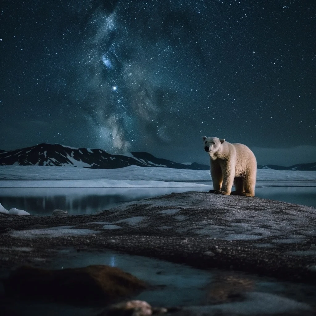 A polar bear standing on a rock under a nighttime astral backdrop