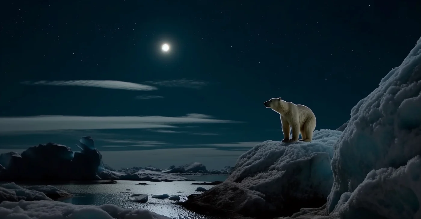 A polar bear standing on a snow-covered rock formation under a moonlit sky