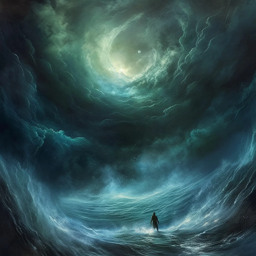 A person standing in a large body of water seeking clarity and insight.