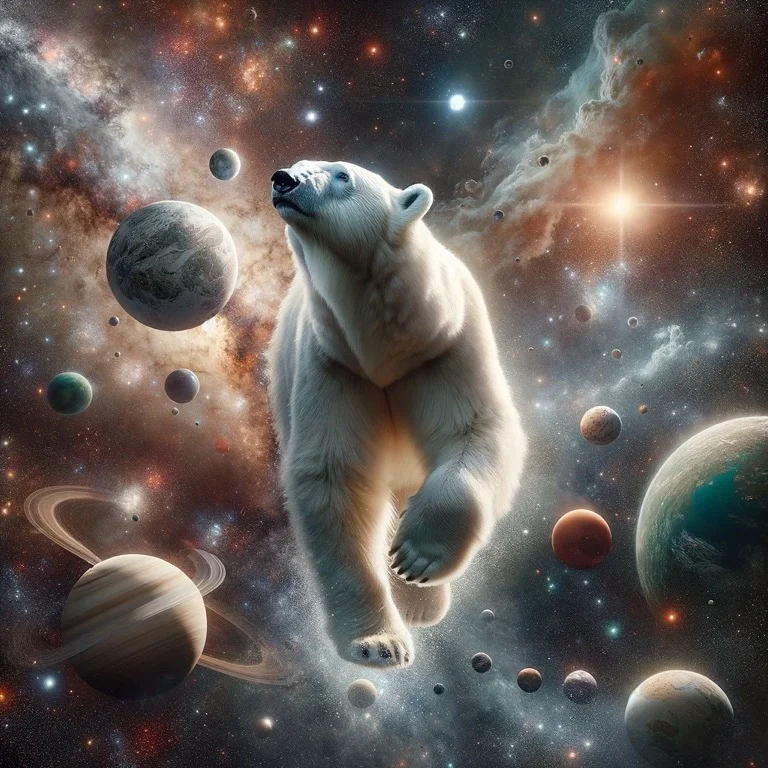 A polar bear in the middle of a galaxy